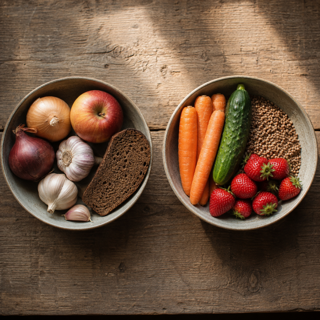 Kõrge ja madala FODMAP-i toidud kahes kausis kõrvuti